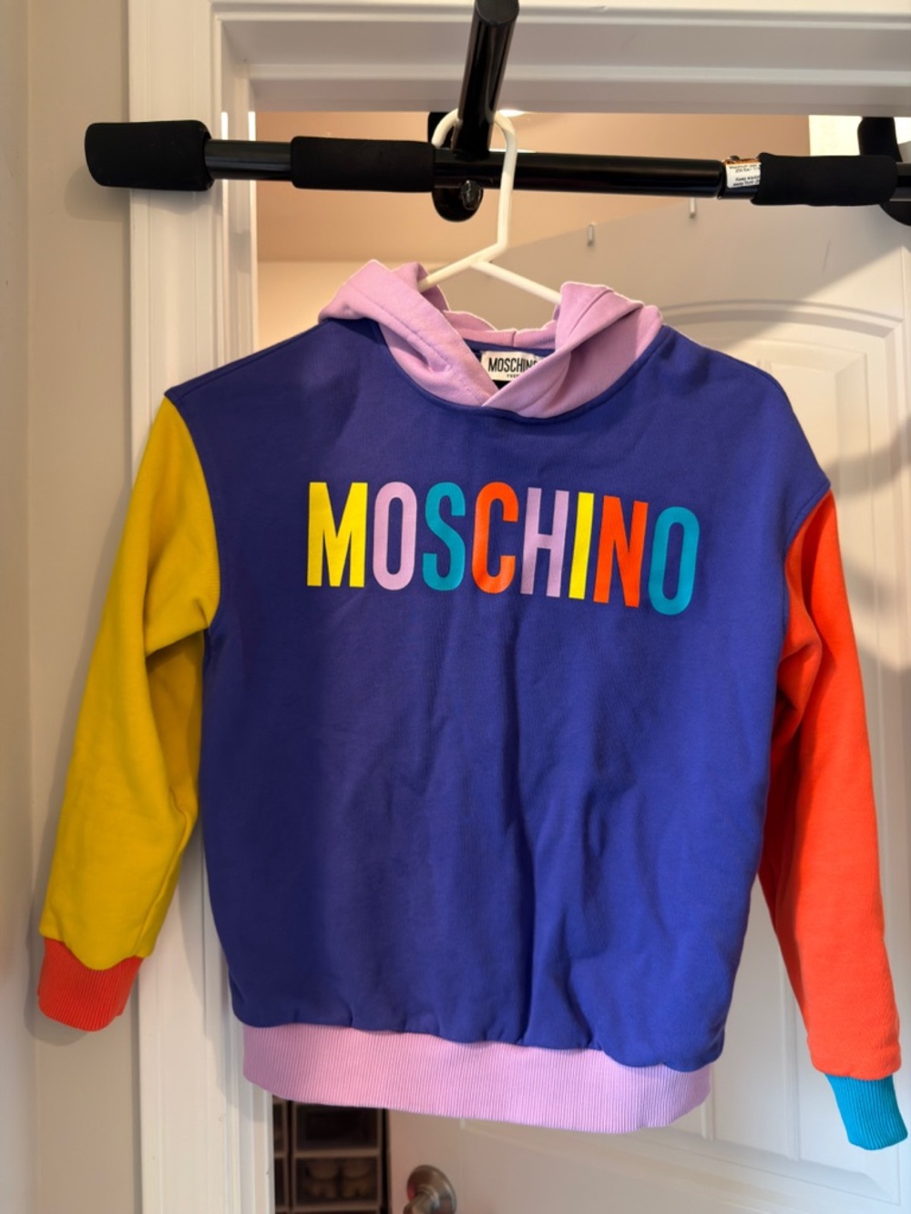 Moschino Kids Purple Hoodie with Multicolor Logo & Yellow and Orange Sleeves